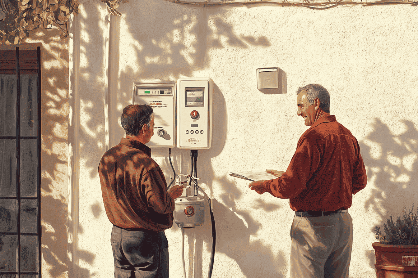 cliente y técnico revisando un contador de gas durante el cambio de comercializadora